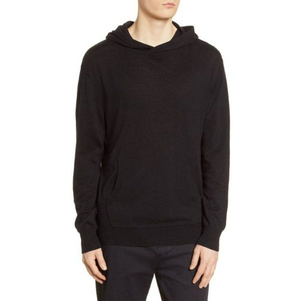 BLDWN Linen Cotton Blend Lightweight Knit Pullover Hoodie Black Large